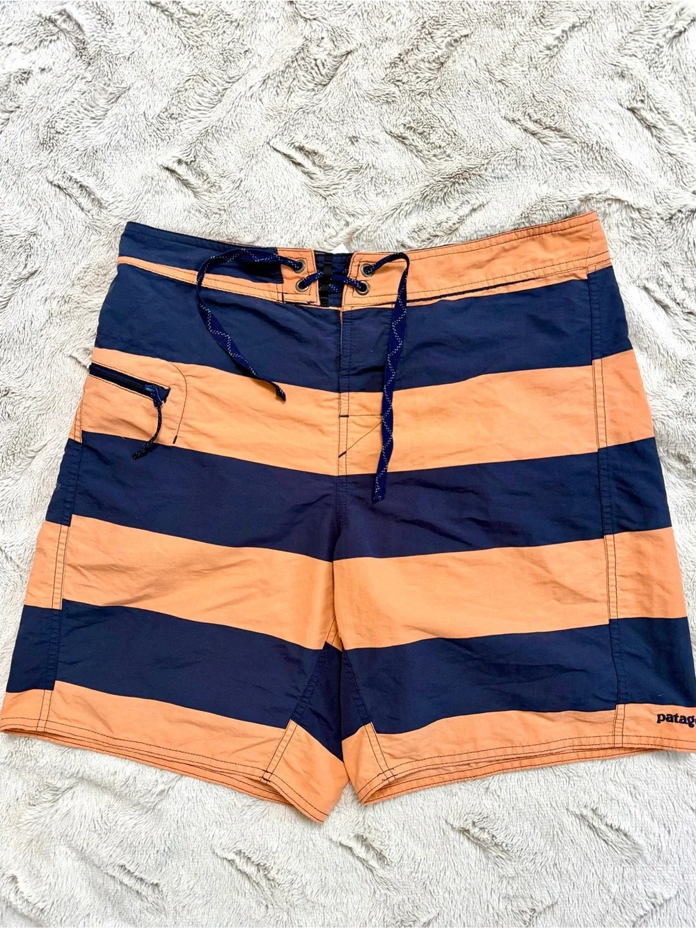 Patagonia Men’s Orange and Navy Wide-Stripe Swim Trunks